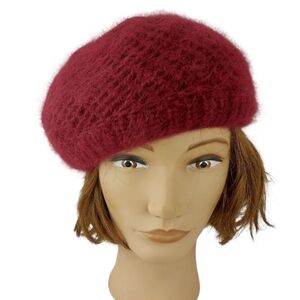 Angora Rabbit Hair Blend Burgundy Knit Beret Hat